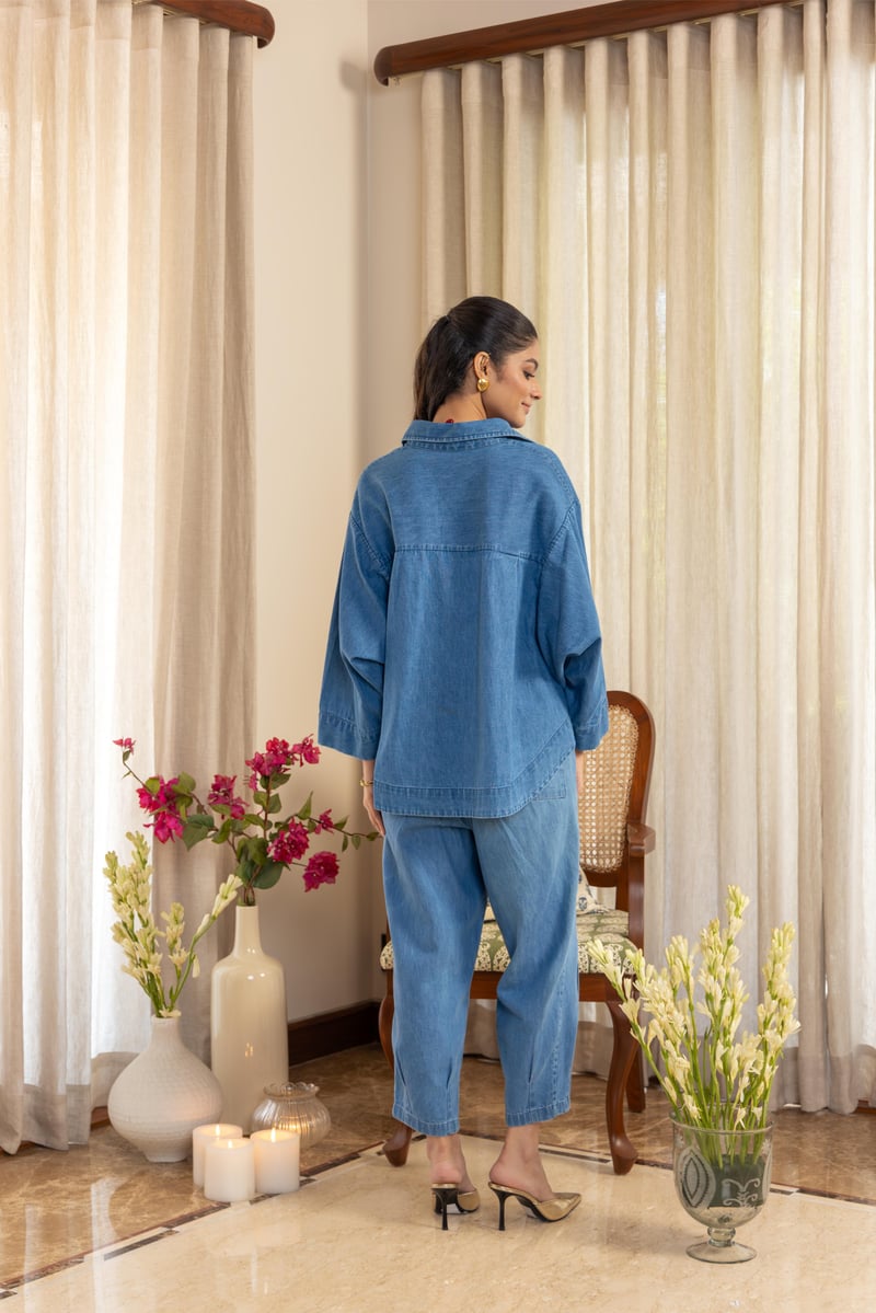 Light Blue Denim Boxy Shirt with Pearl Embellishment
