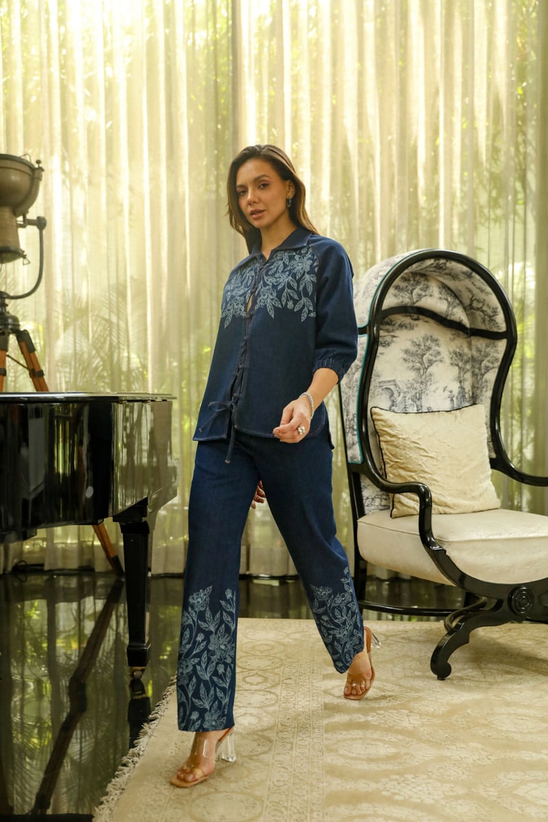 Dark Blue Denim Co-ord Set with Lace-Up Top and Wide-Leg Pants