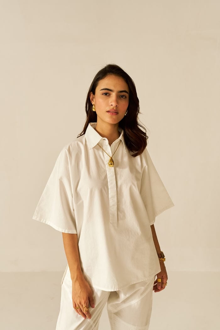 White Cotton Poplin Shirt and Tapered Pants Co-ord Set