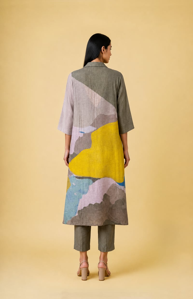 Green Linen Abstract Print Kurta Set