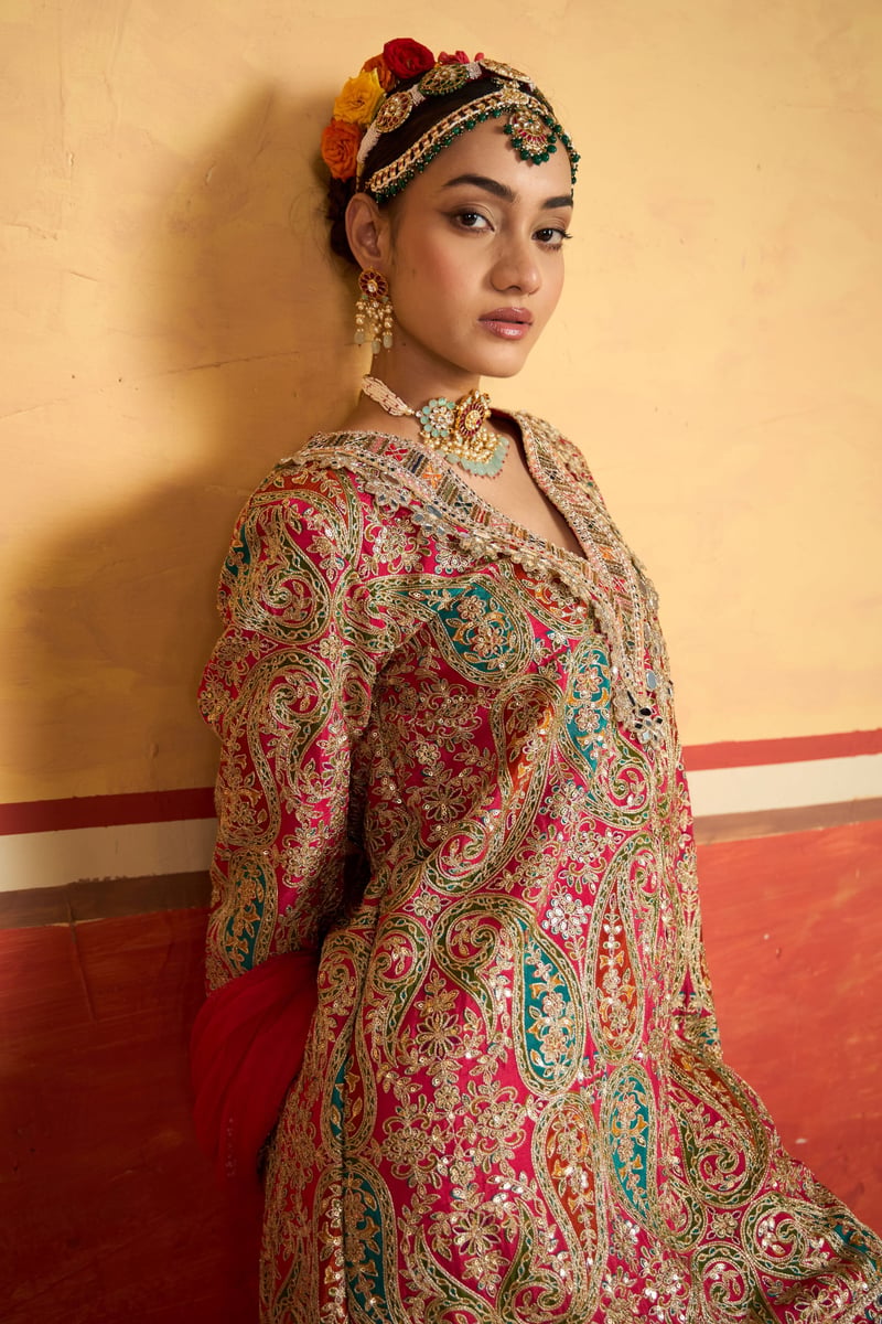 Pink Paisley Embroidered Kurta Set with Dupatta