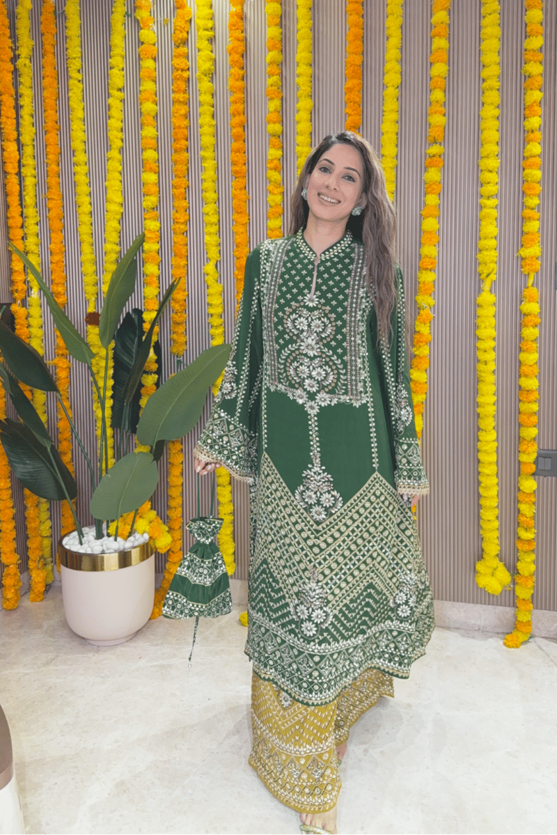 Green and Mustard A-Line Kurta Set with Mirror Work