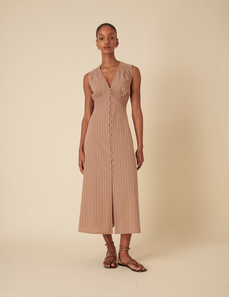 Stone Pinstripe Button-Front Midi Dress — Nobody's Child