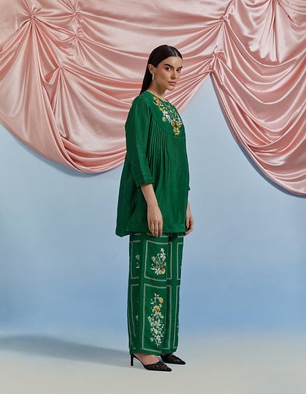 Forest Green Embroidered Tunic Top and Pant Co-ord Set