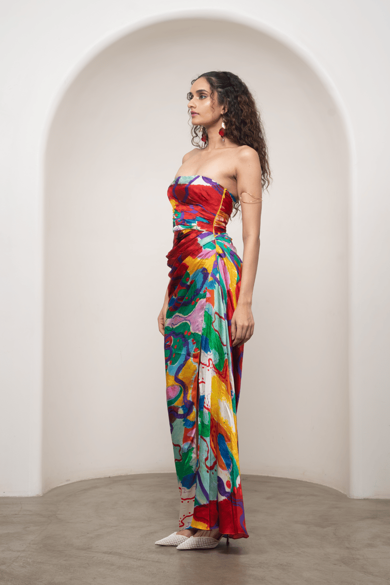 Multicolor Strapless Ruched Satin Maxi Dress