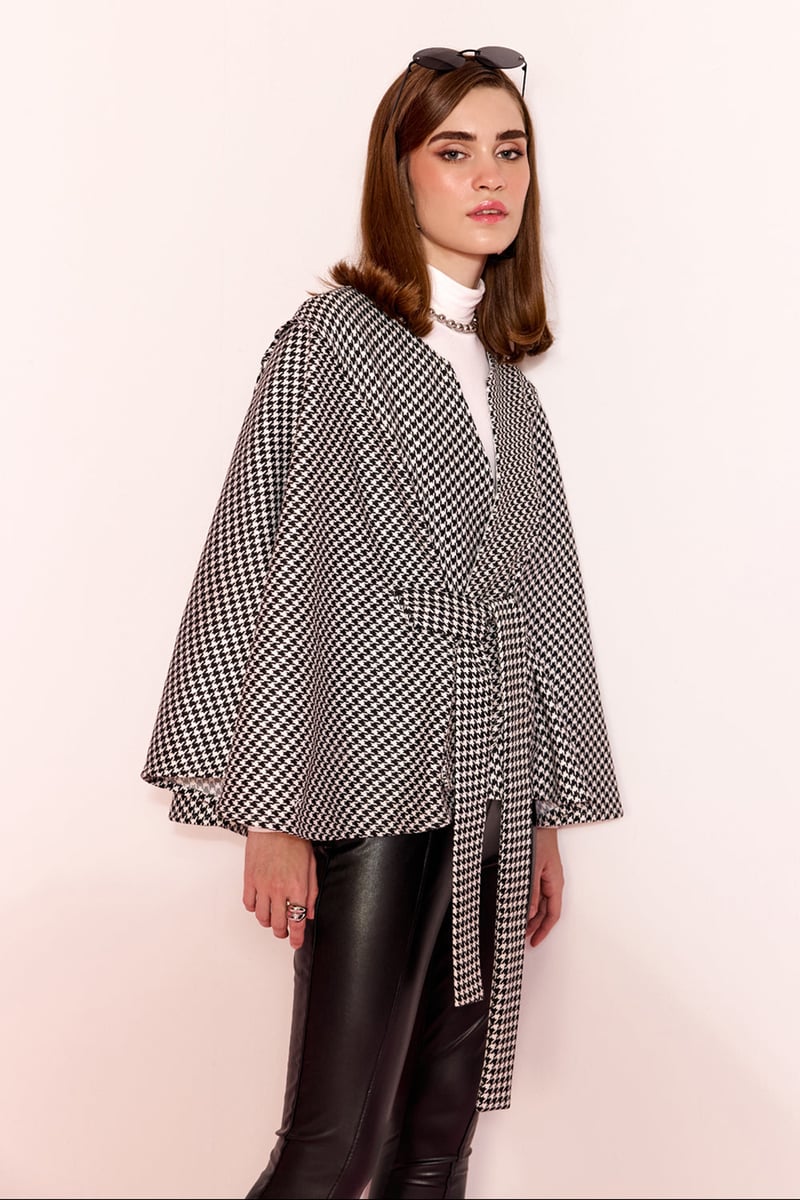 Black/White Herringbone Tweed Belted Cape