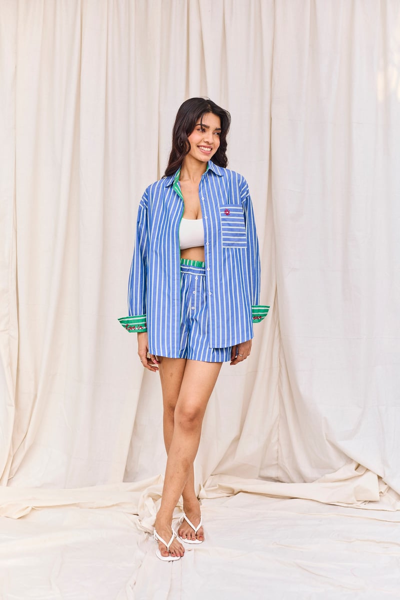 Blue & Green Striped Shirt & Short Set