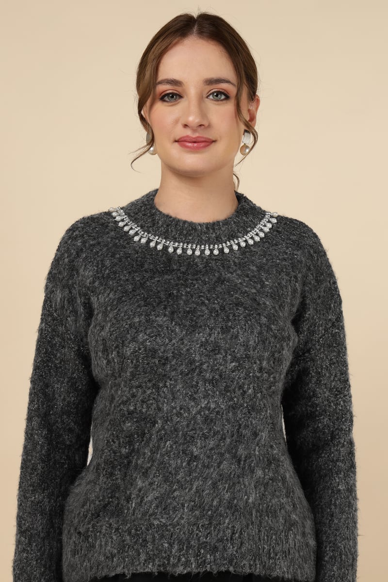 Grey Pearl-Embellished Neck Pullover Sweater