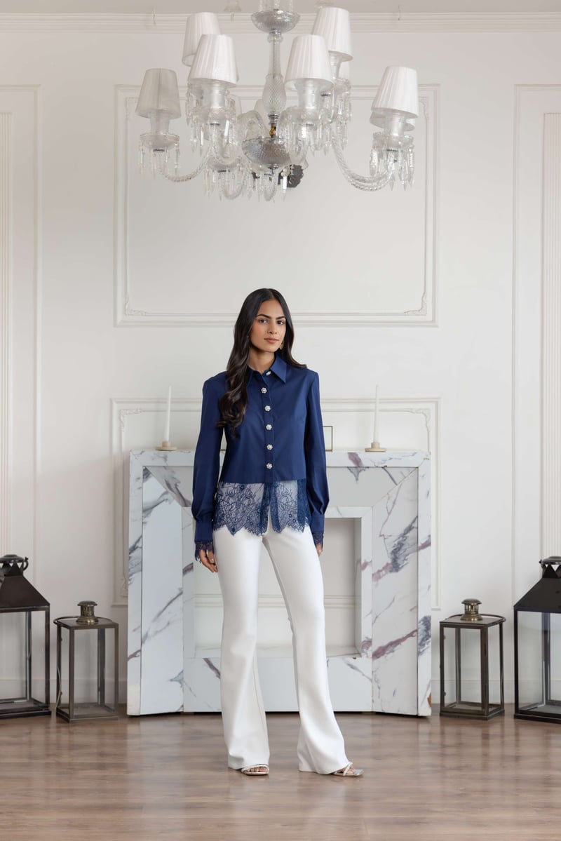 Aureal Blue French Lace Cotton Shirt