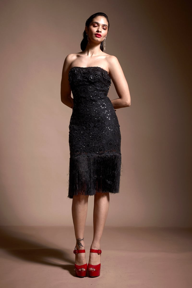 Black Strapless Sequin Lace Fringe Hem Midi Dress