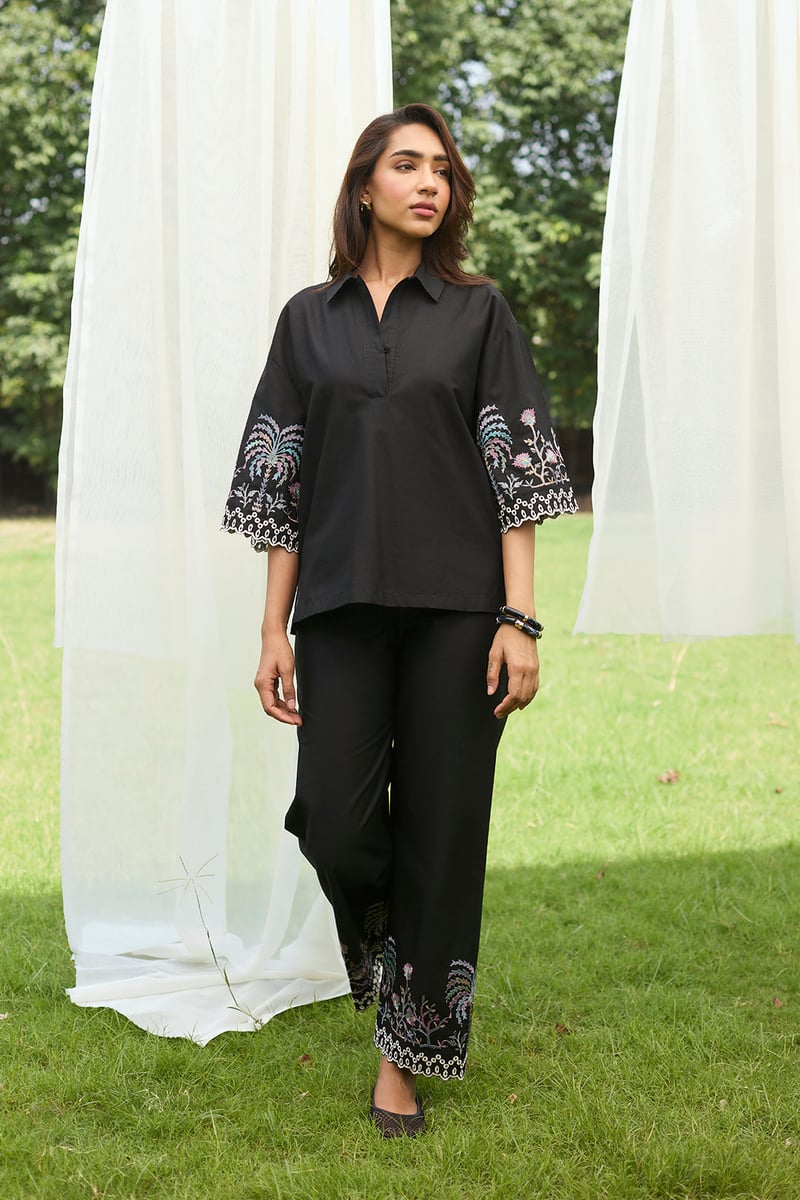 Black Embroidered Co-ord Set with Wide-Leg Pants