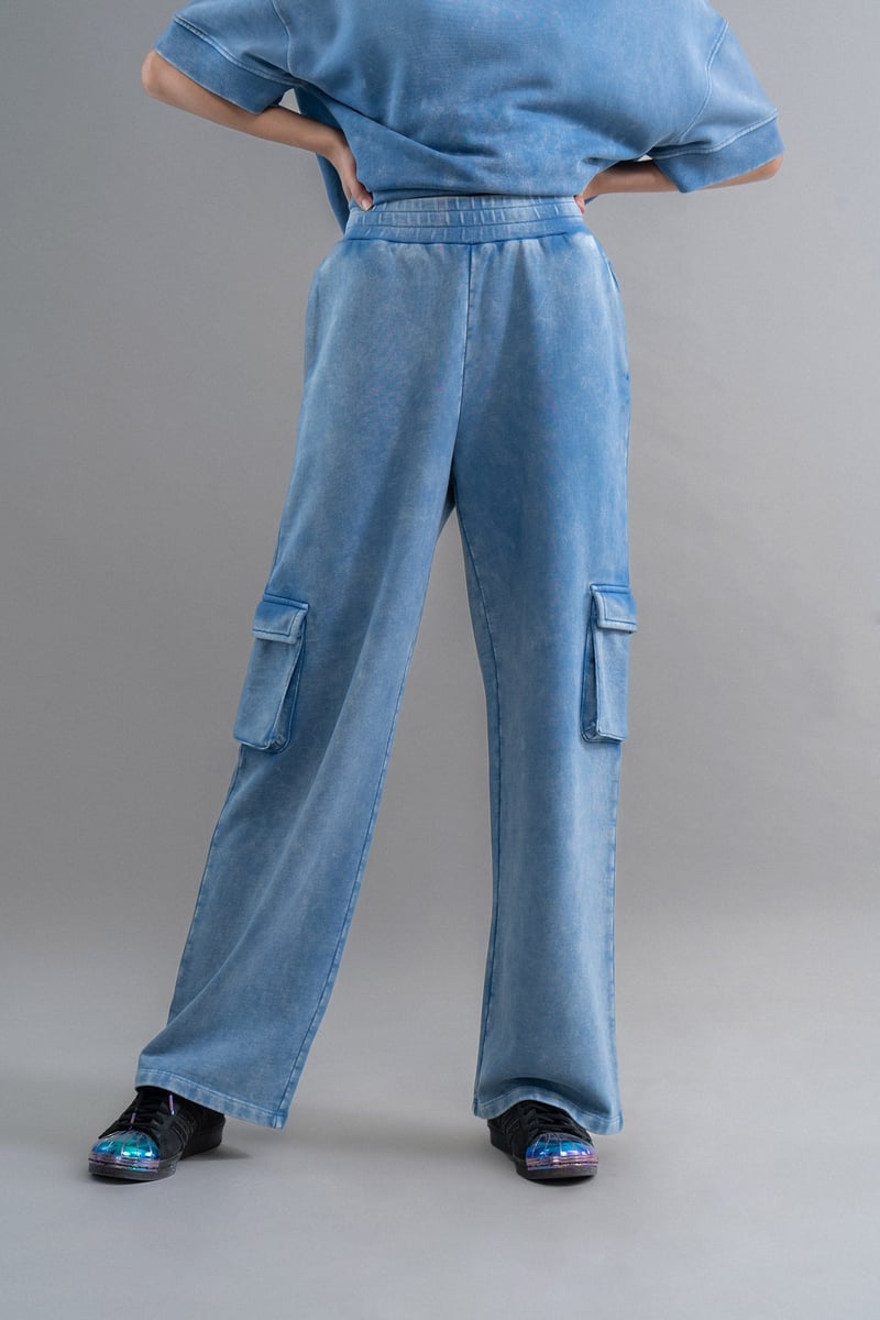 Blue Cotton Terry Wide-Leg Cargo Trousers