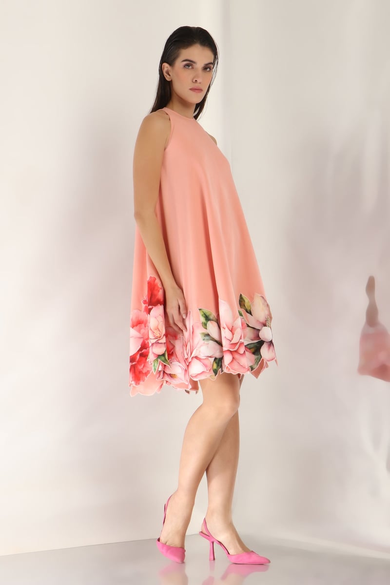 Peach High-Neck A-Line Mini Dress with Floral Hem