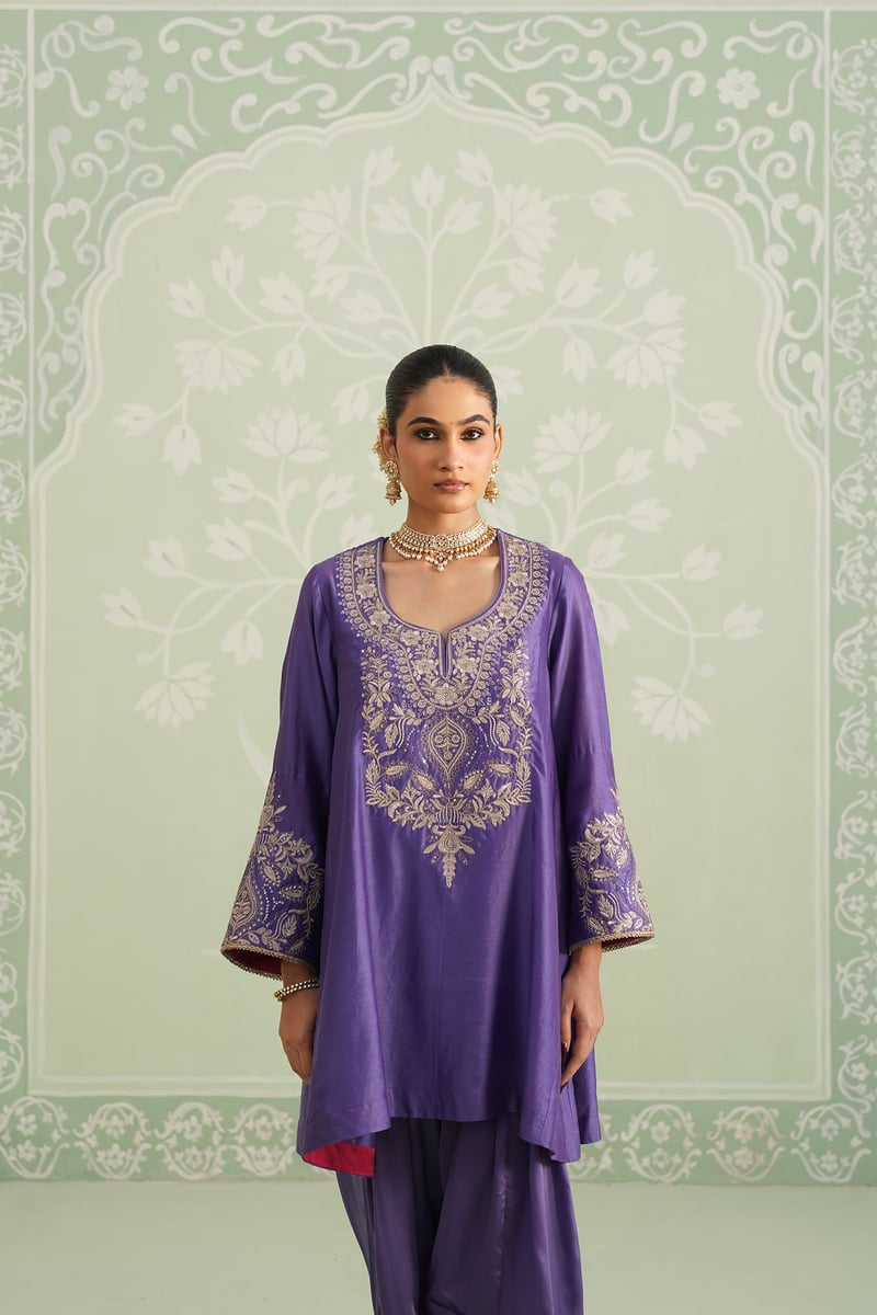 Purple Embroidered Chanderi Kurta Set with Salwar