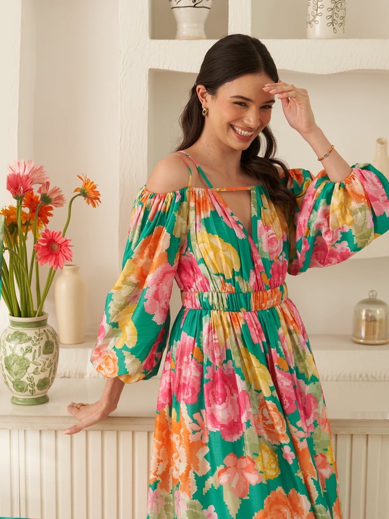 Green Floral Off-Shoulder Fit and Flare Midi Dress