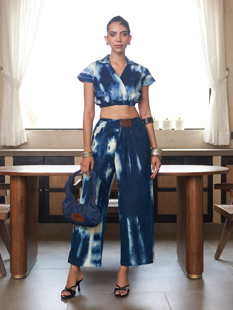 Indigo Tie-Dye Denim Co-ord Set with Crop Top and Pants