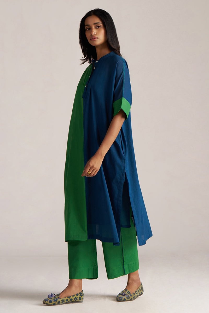 Blue and Green Colorblocked Kurta Co-ord Set with Slip