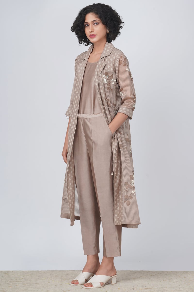 Beige Printed Longline Jacket and Straight Pants Co-ord Set