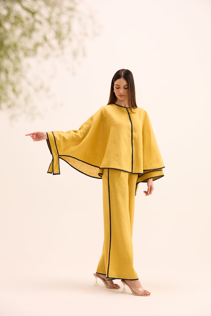 Ochre Linen Cape Top and Wide-Leg Pants Co-ord Set