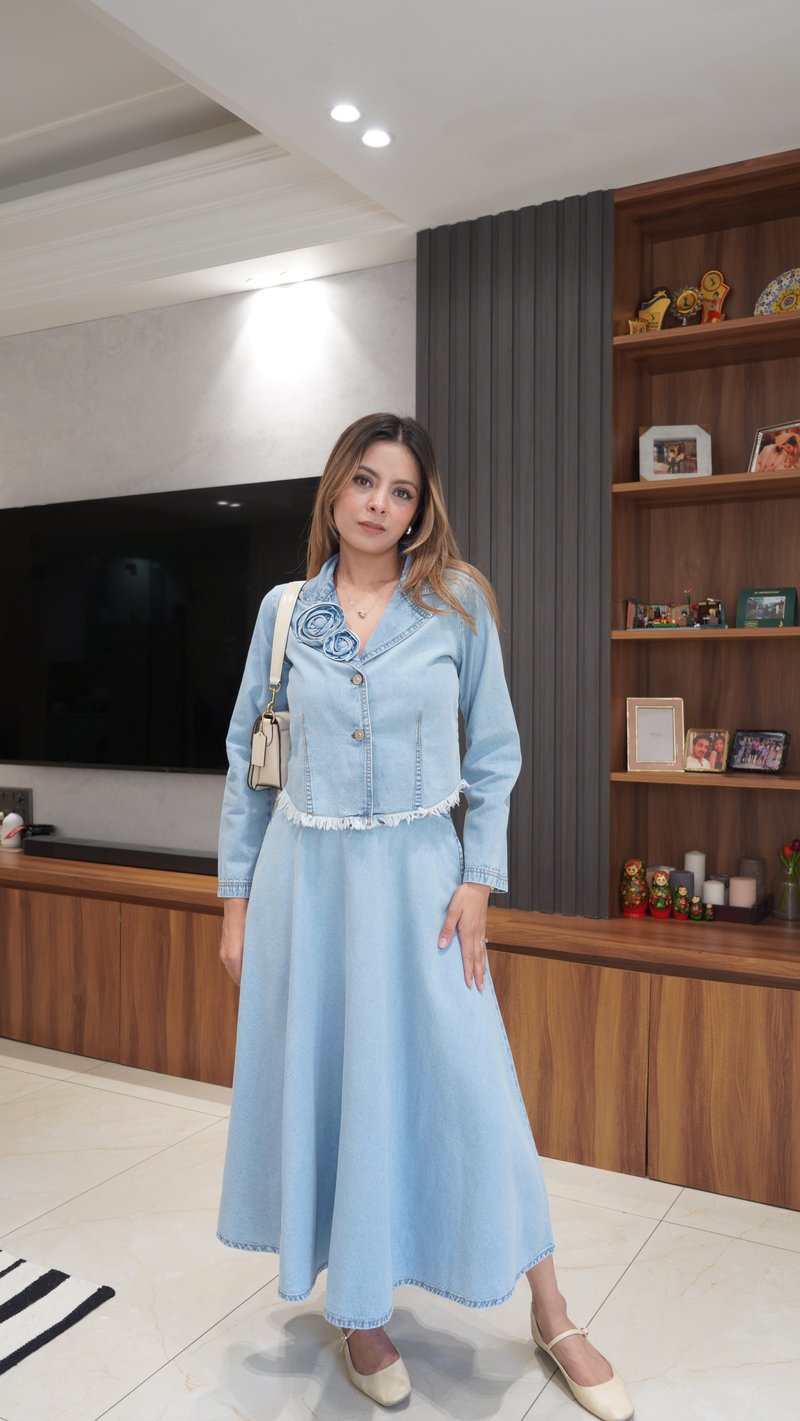 Blue Denim Top and Midi Skirt Co-ord Set