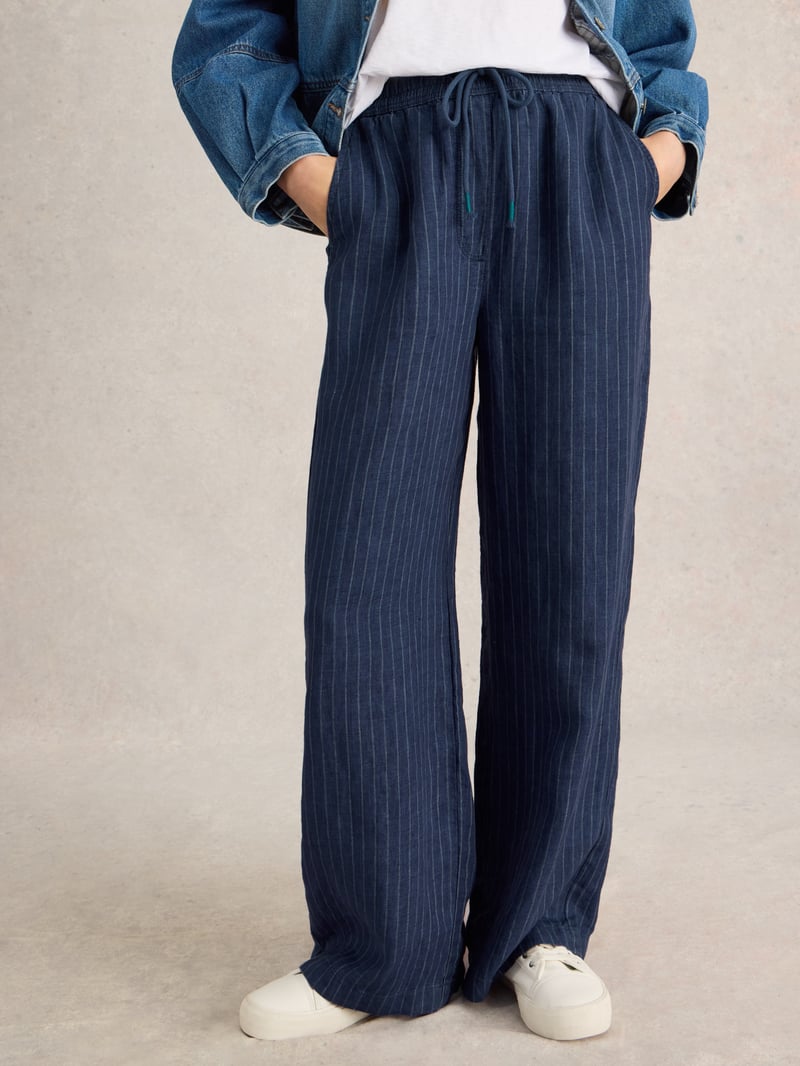 Navy Pinstripe Linen Wide-Leg Trousers