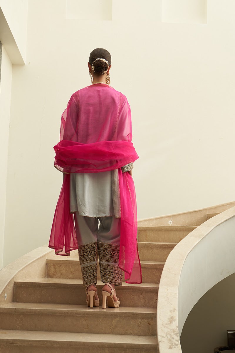 Grey Chanderi Silk A-Line Kurta Set with Gold Yoke