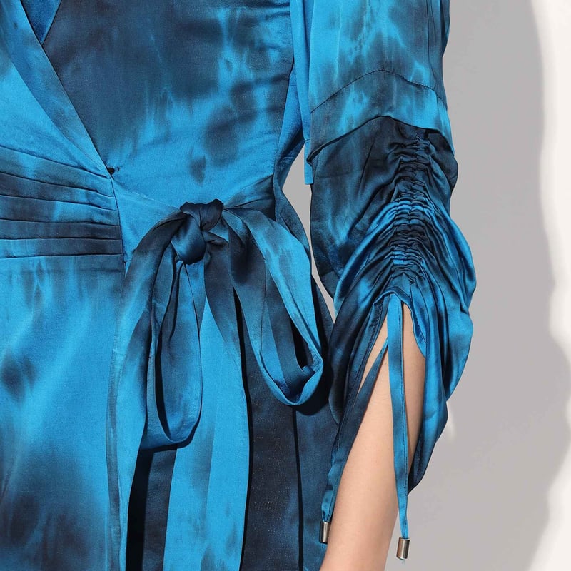 Blue Tie-Dye Satin Wrap Jacket Mini Dress