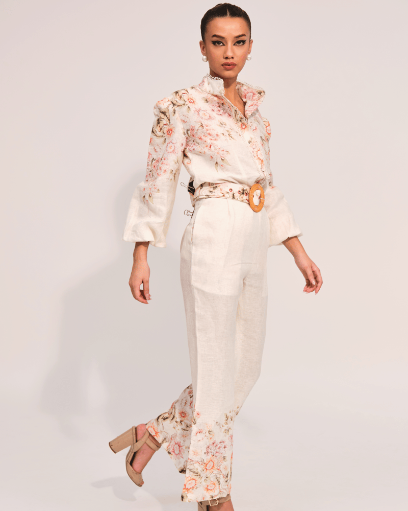 Apricot Floral Linen Shirt and Wide-Leg Pants Co-ord Set