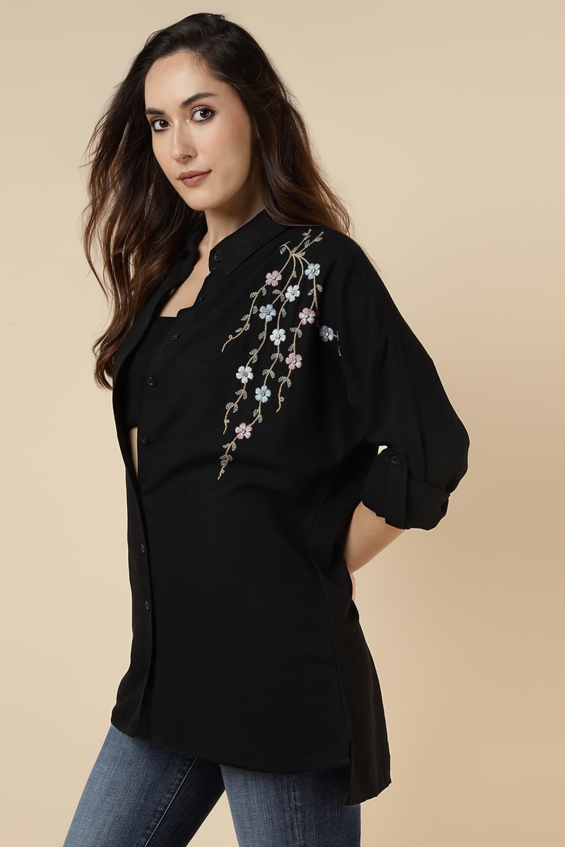 Black Floral Embroidered Longline Button-Down Shirt