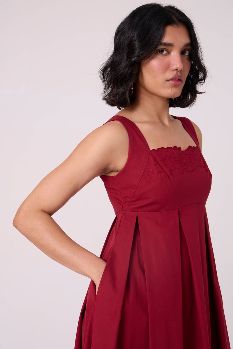 Wine Red Embroidered Neckline Fit and Flare Midi Dress