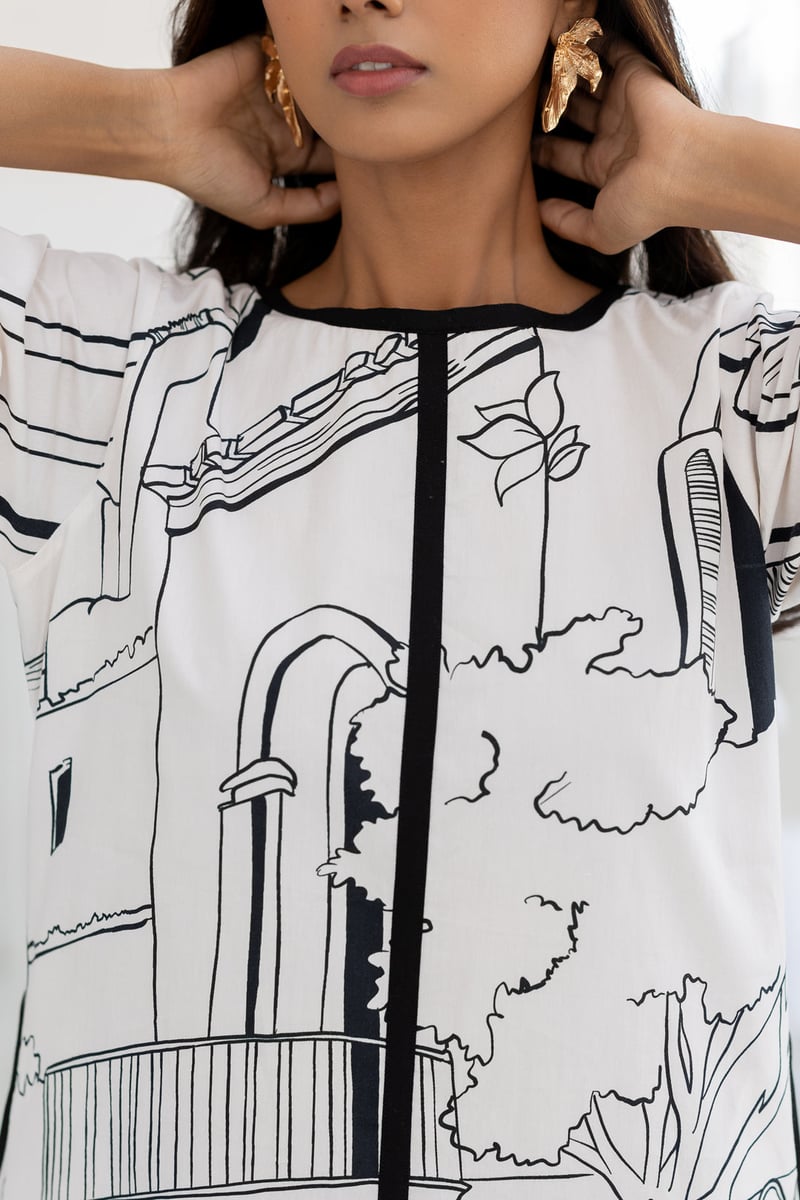 White Monochrome Printed Cotton Poplin Kurta Set