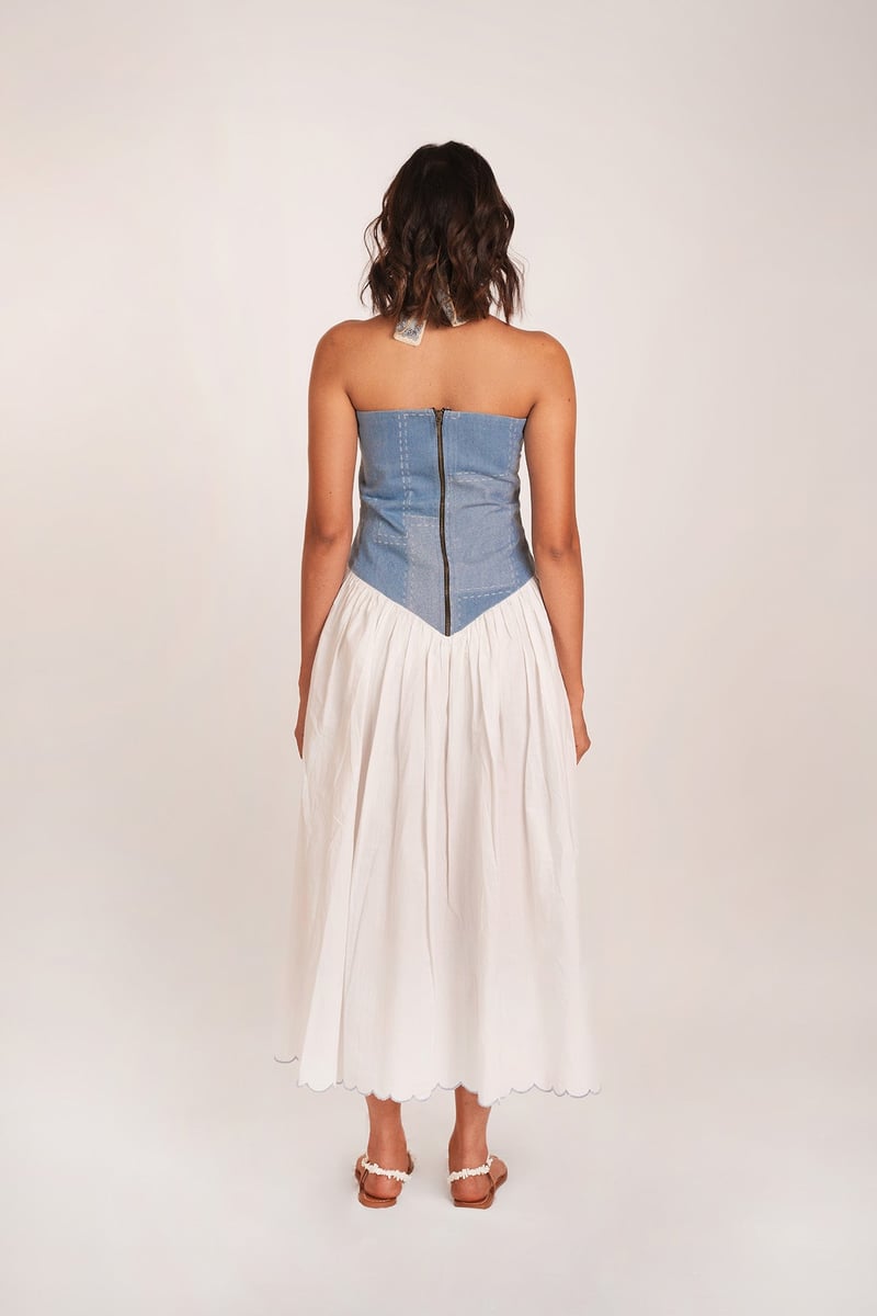 White and Blue Denim Corset Bodice Midi Dress