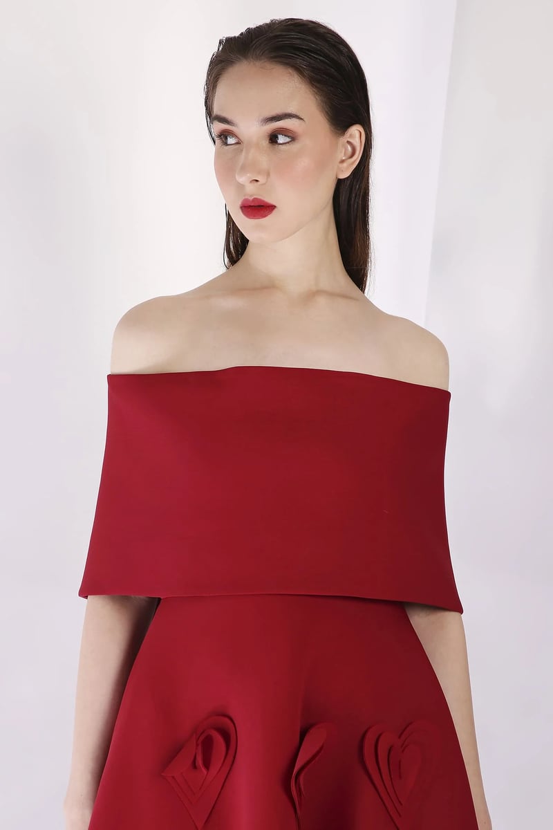 Red Fit and Flare Midi Dress with 3D Heart Applique