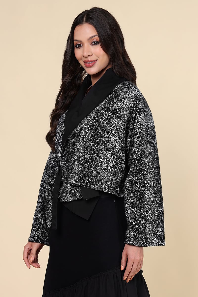 Black/Grey Cropped Wrap Jacket with Lapel Collar