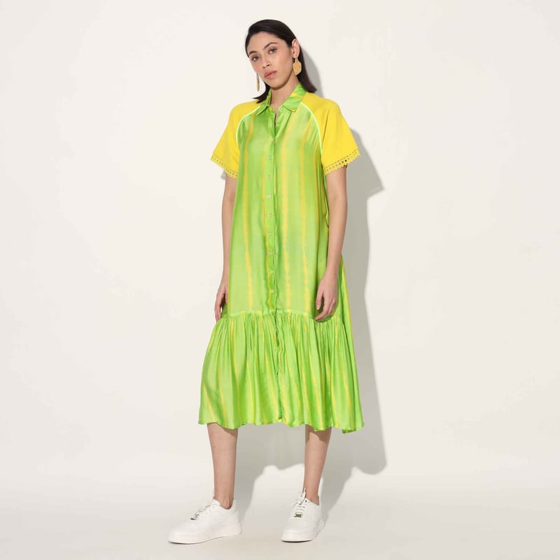 Pink/White Shibori Stripe Satin Midi Shirt Dress