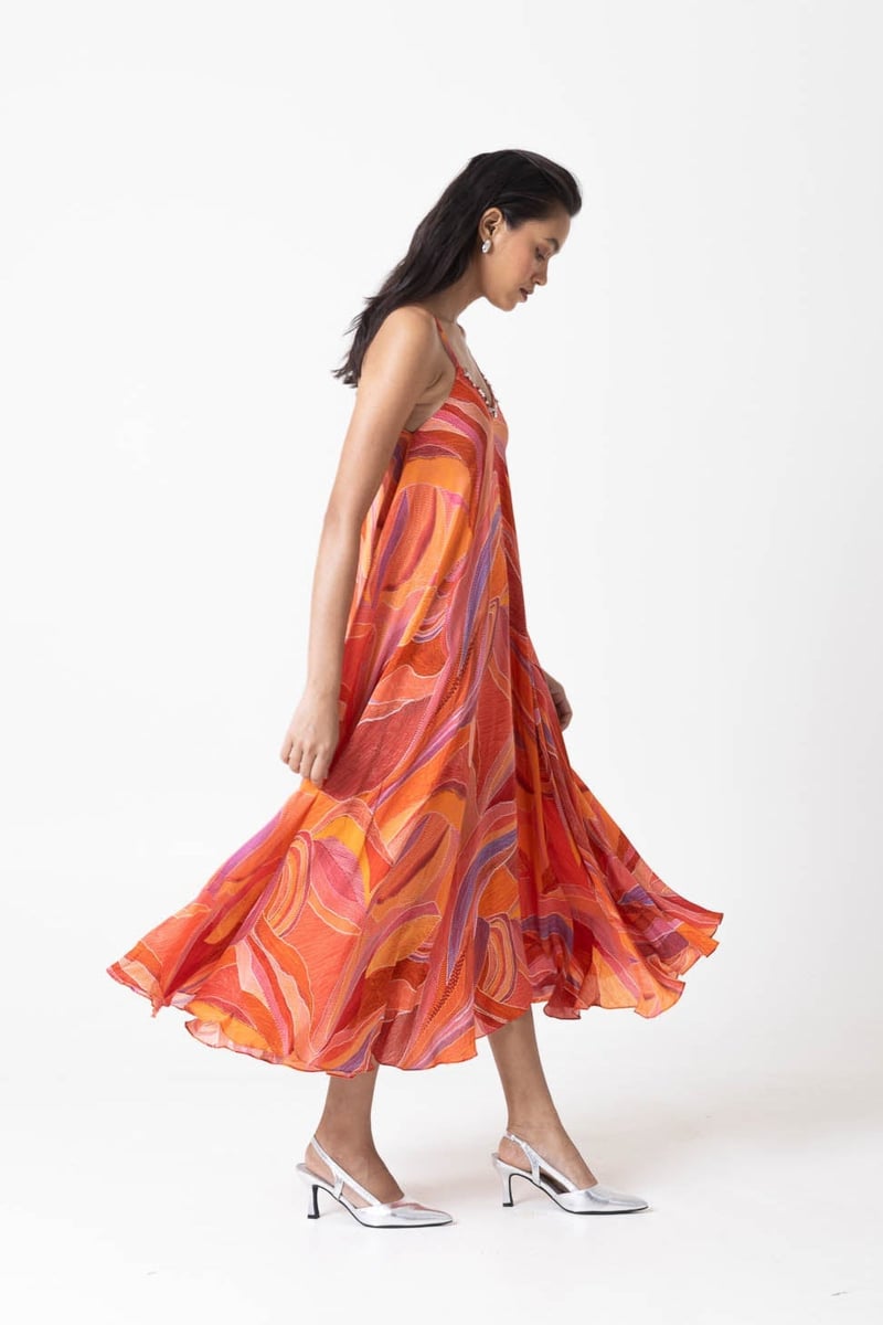 Orange/Multicolor Printed Strappy A-Line Midi Dress