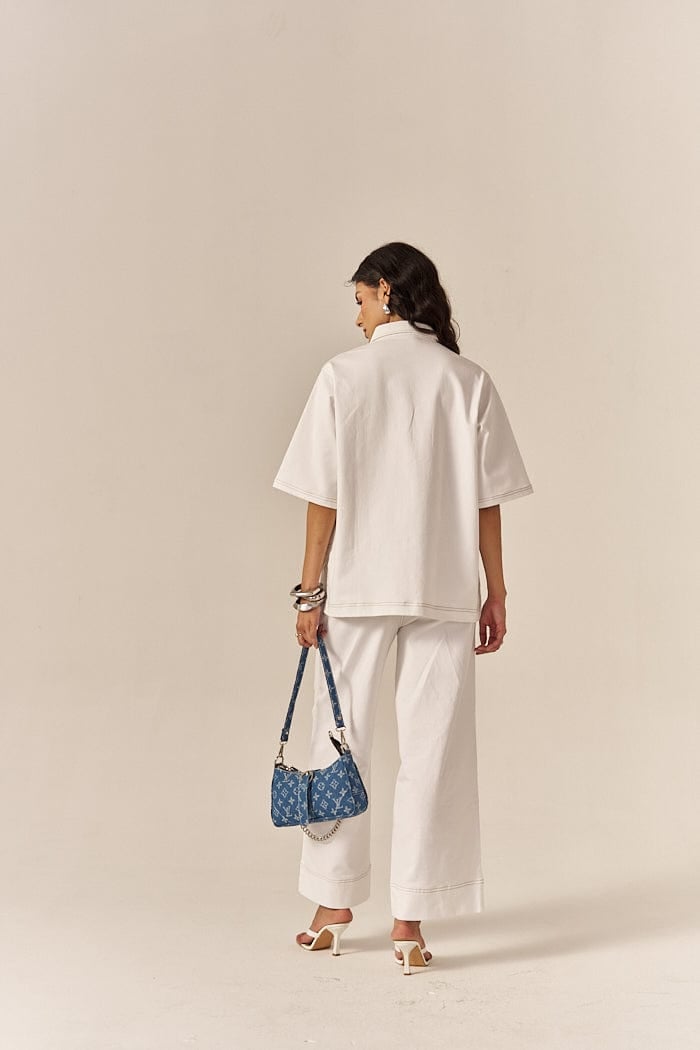 White Denim Oversized Shirt and Flared Pants Co-ord Set