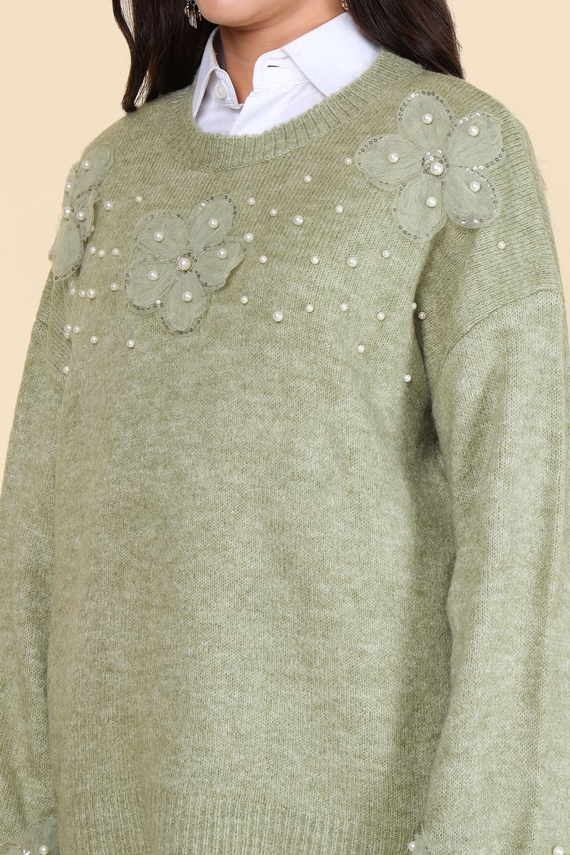 Green Floral Applique Embellished Pullover Sweater