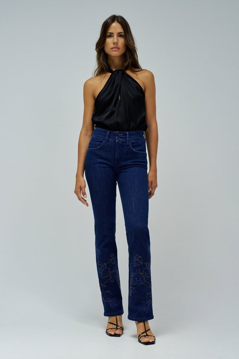 Blue High-Rise Bootcut Jeans with Embellished Hem