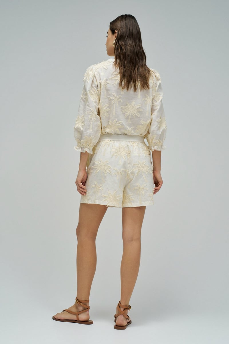 Ivory High-Waist Cotton Embroidered Shorts
