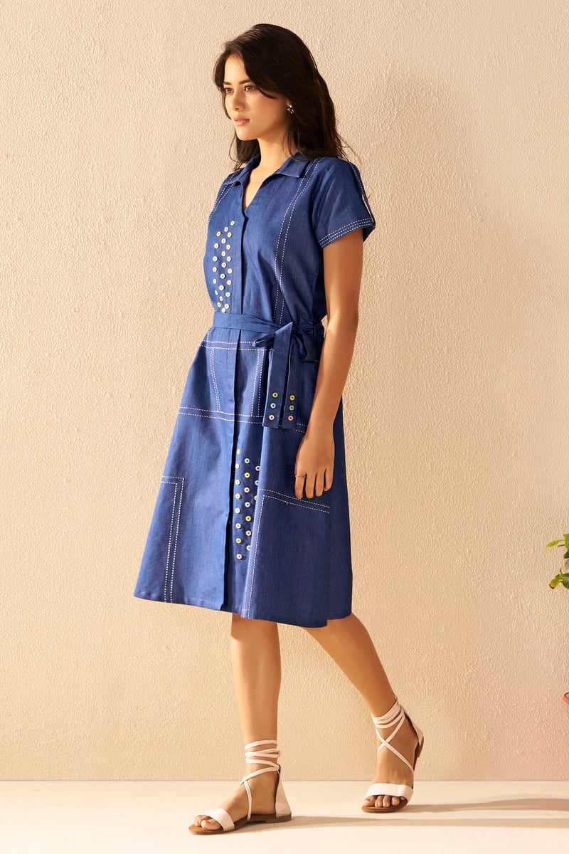 Blue Cotton Shirt Dress with Belt and Button Detail