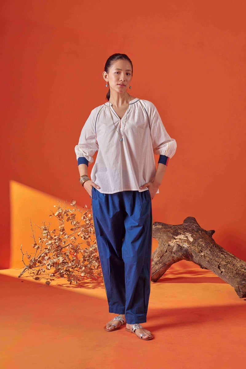 Blue Cotton Relaxed Fit Tapered Pants with Side Piping