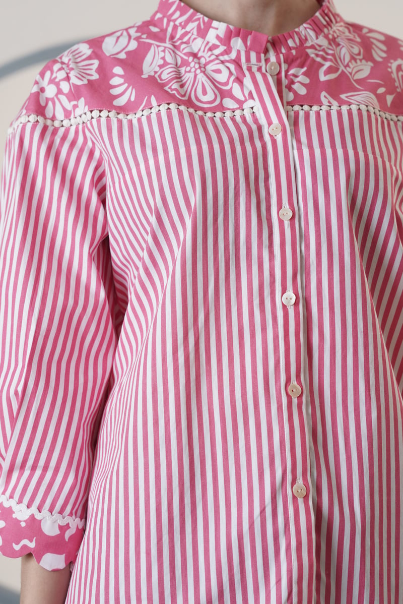 Pink Mixed-Print Striped Shirt with Lace Detail