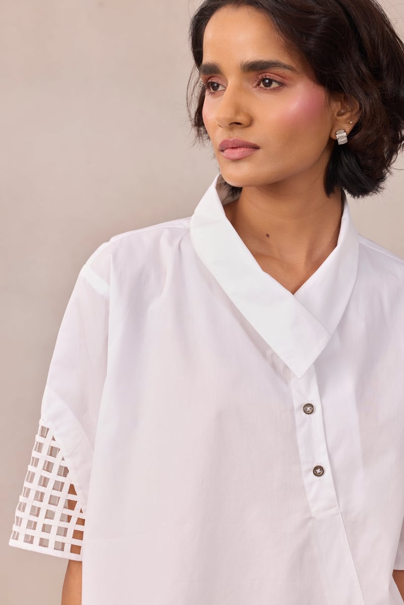 Bright White Poplin Shirt with Geometric Sleeve Cutwork