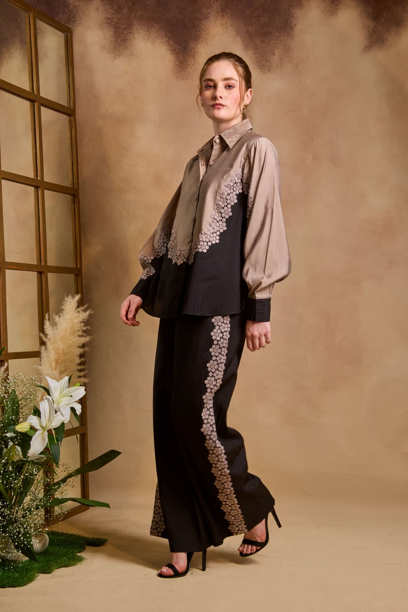 Black and Copper Embroidered Shirt and Trouser Co-ord Set