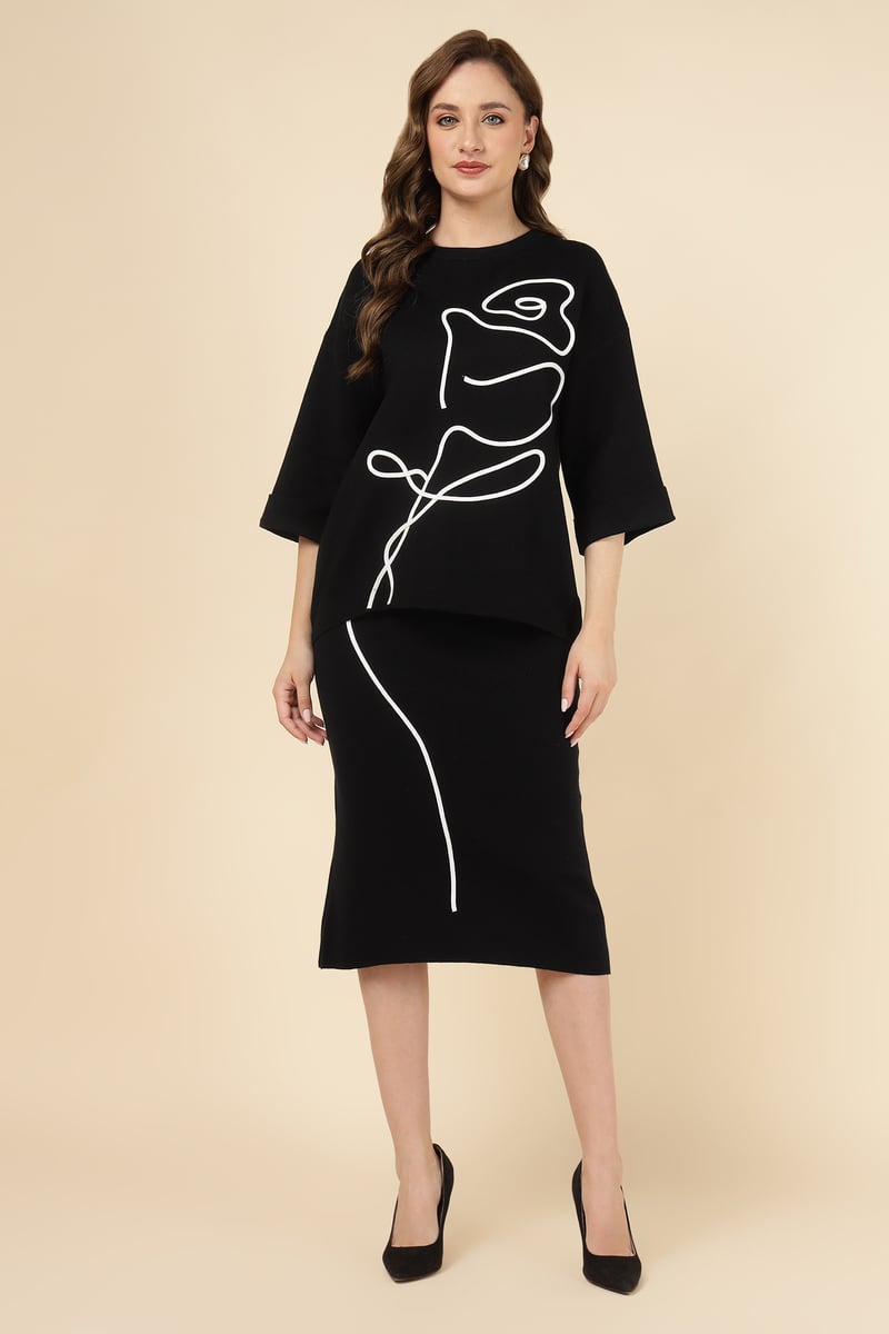 Black Graphic Knit Top and Midi Skirt Co-ord Set