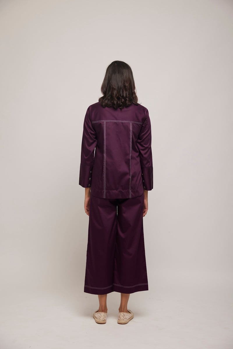 Purple Cotton Satin Shirt and Wide-Leg Pants Co-ord Set