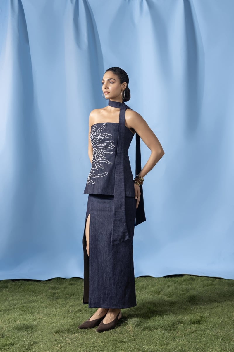 Navy Denim Tube Top and Maxi Slit Skirt Co-ord Set