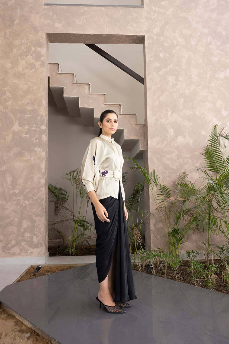 Ivory and Black Draped Maxi Gown Co-ord Set with Kimono Shirt
