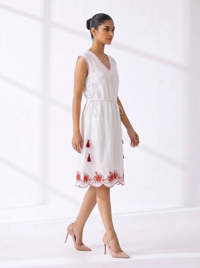 White Cotton Dobby V-Neck Midi Dress with Embroidered Hem
